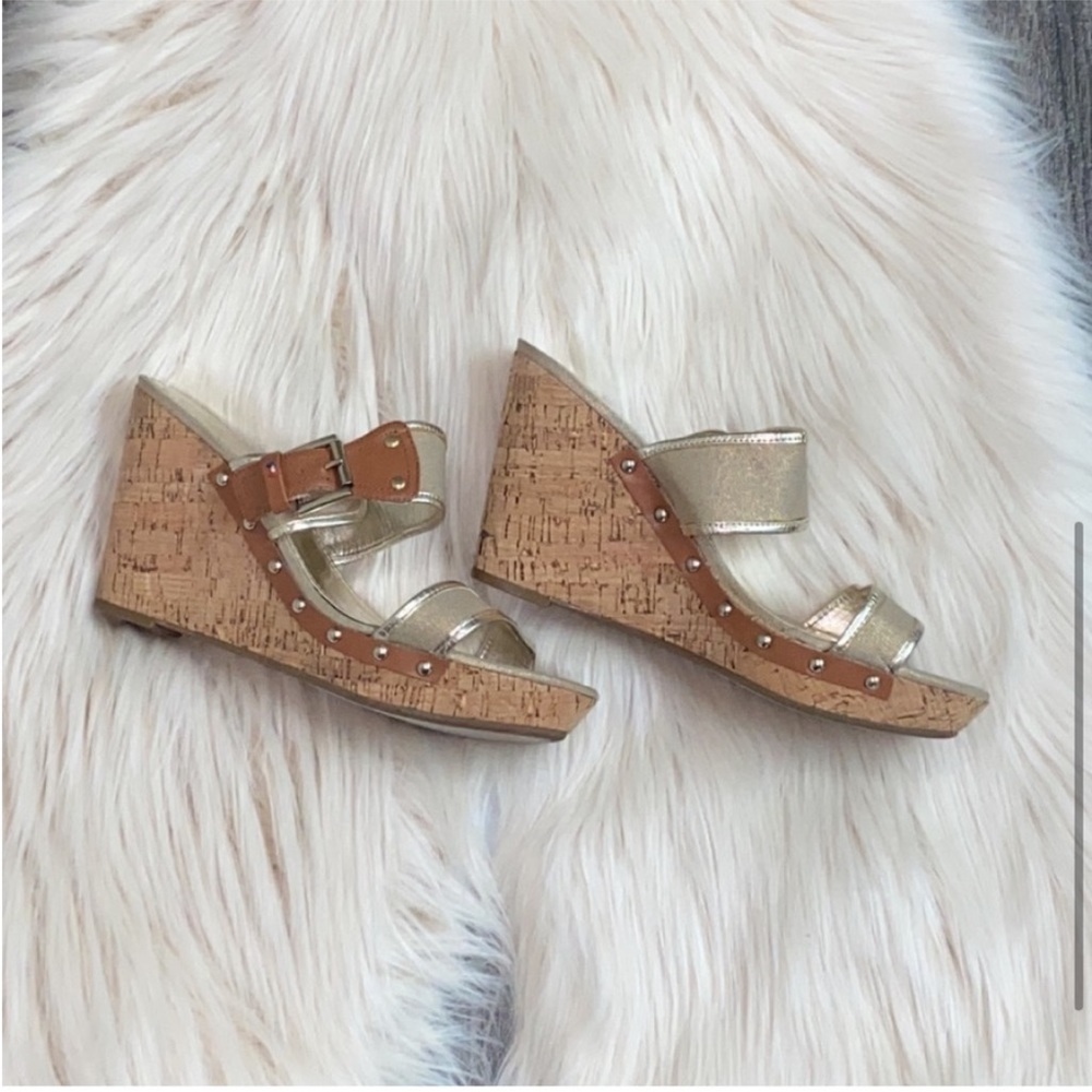 Tommy Hilfiger Gold Cork Wedges with Buckles